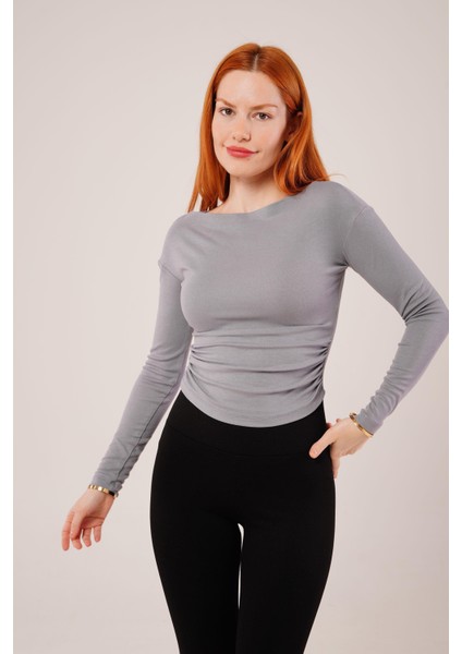 Üçaymoda Yaka Detay Uzun Kollu Basic Gri Bluz fırsatları