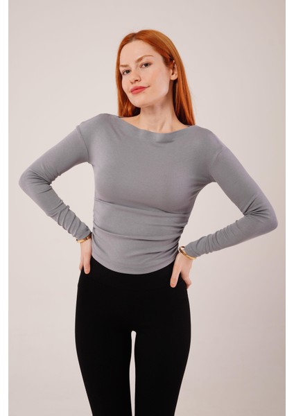 Üçaymoda Yaka Detay Uzun Kollu Basic Gri Bluz indirimleri