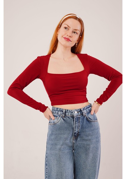 Üçaymoda Kare Yaka Basic Bordo Bluz