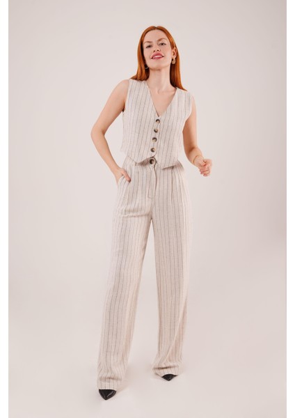 Üçaymoda Yelek ve Pantolon Siyah Şeritli Ikili Takım