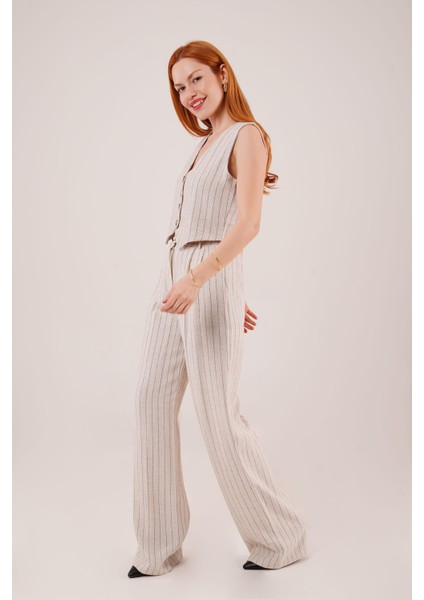 Üçaymoda Yelek ve Pantolon Siyah Şeritli Ikili Takım