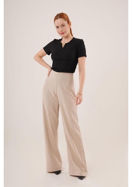 Üçaymoda Bol Paça Yandan Fermuarlı Krem Kumaş Pantolon