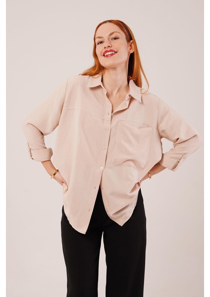 Üçaymoda Salaş Kesim Cepli Bej Gömlek