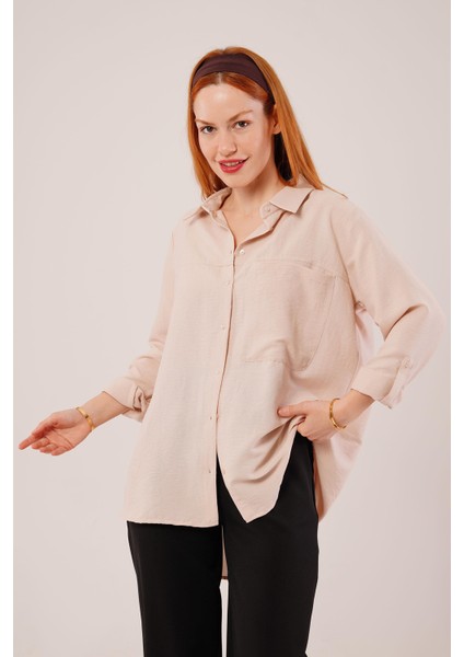 Üçaymoda Salaş Kesim Cepli Bej Gömlek