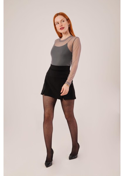 Üçaymoda Yırtmaç Detaylı Siyah Mini Etek