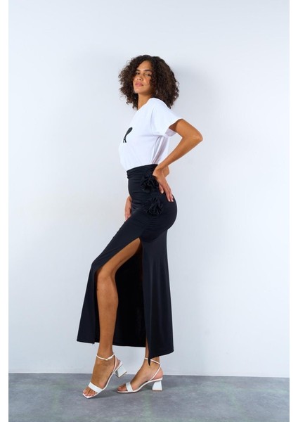 Üçaymoda Yandan Büzgülü Güllü Etek - Siyah