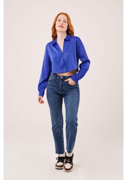 Üçaymoda Saten Crop Model Lacivert Gömlek