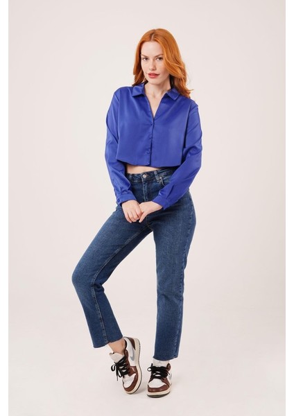 Üçaymoda Saten Crop Model Lacivert Gömlek
