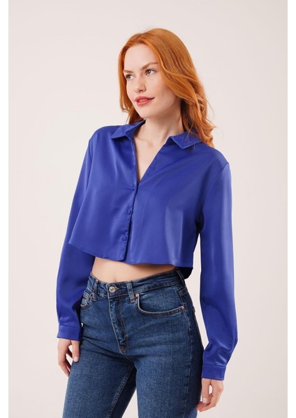 Üçaymoda Saten Crop Model Lacivert Gömlek