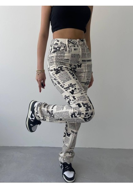Üçaymoda Novıne Gazete Desenli Pantolon modelleri