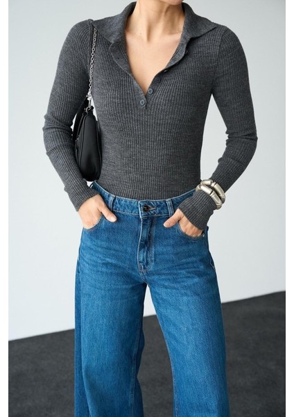 Üçaymoda Polo Yaka 6 Düğmeli Kazak - Antrasit fırsatları