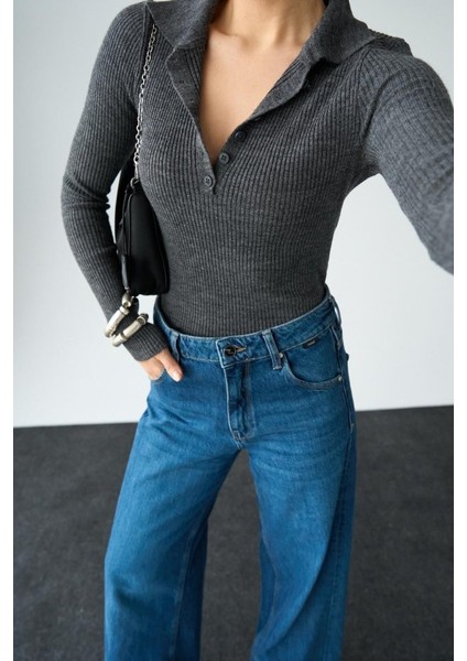 Üçaymoda Polo Yaka 6 Düğmeli Kazak - Antrasit indirimleri