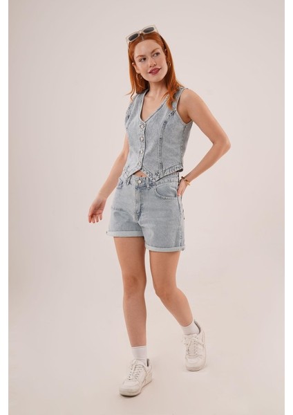 Üçaymoda Düğme ve Ön Dikiş Detaylı Mavi Jean Yelek