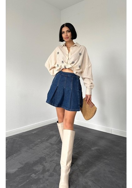 Üçaymoda Krem Taş Işlemeli Gömlek