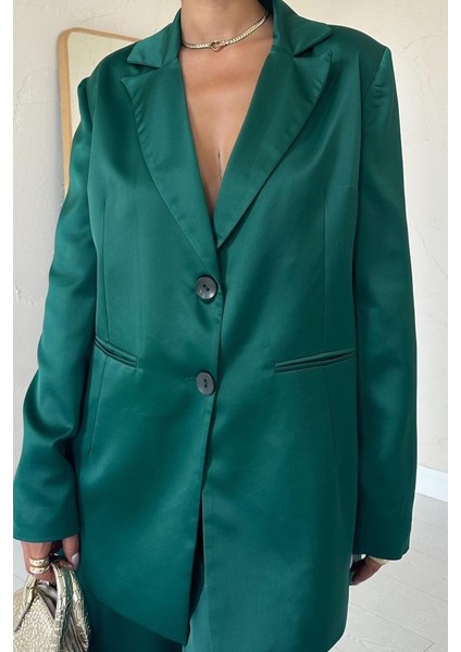 Üçaymoda Zümrüt Saten Ceket ve Pantolon Takım modelleri