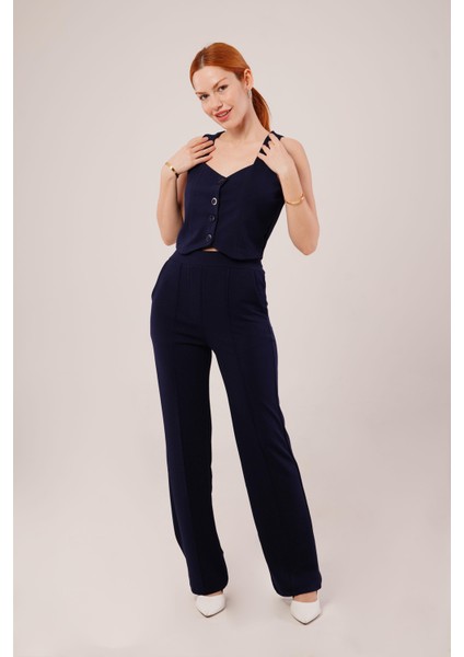 Üçaymoda Kalın Askılı Düğmeli Yelek ve Pantolon Lacivert Takım