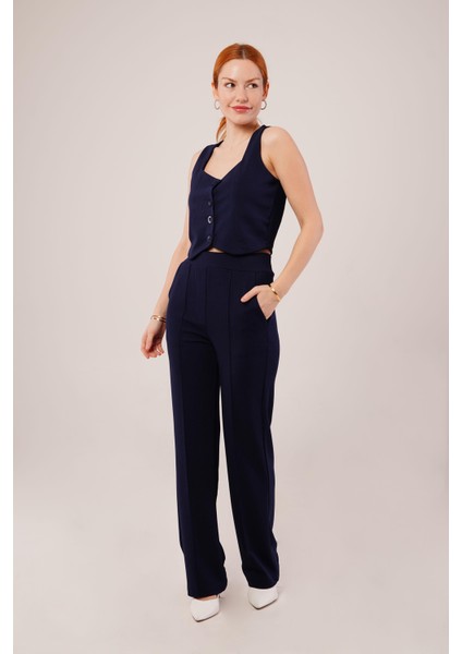 Üçaymoda Kalın Askılı Düğmeli Yelek ve Pantolon Lacivert Takım modelleri