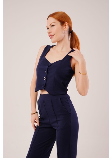 Üçaymoda Kalın Askılı Düğmeli Yelek ve Pantolon Lacivert Takım fırsatları
