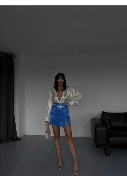 Üçaymoda Jakarlı Şort Etek - Mavi