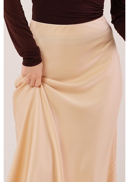 Üçaymoda Çan Kesim Midi Krem Saten Etek