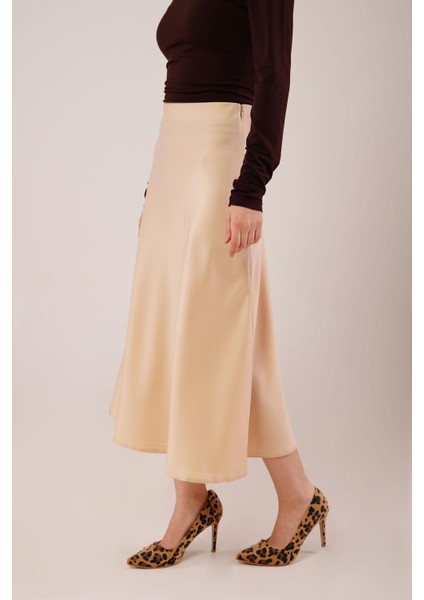 Üçaymoda Çan Kesim Midi Krem Saten Etek