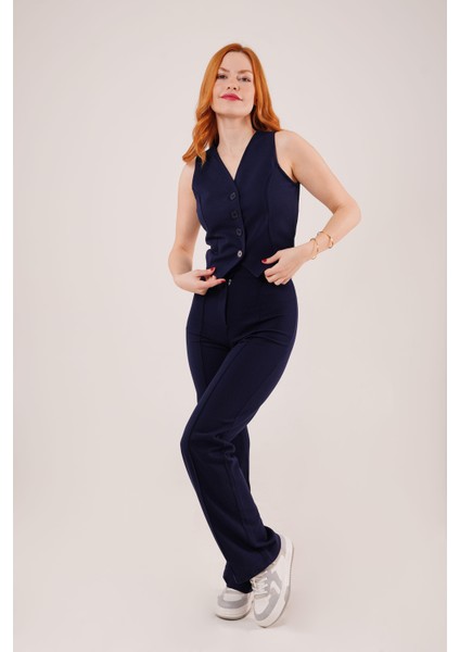 Üçaymoda Ön Dikiş Detaylı Tek Düğme Lacivert Pantolon