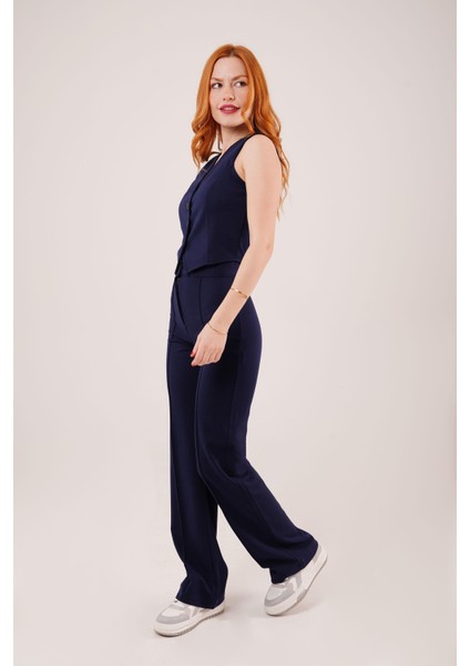 Üçaymoda Ön Dikiş Detaylı Tek Düğme Lacivert Pantolon
