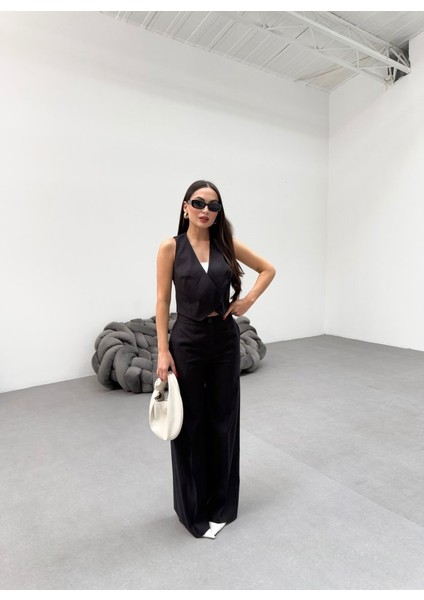 Üçaymoda Toskana Keten Kruvaze Yaka Tek Düğmeli̇ Yelek Pantolon Takim