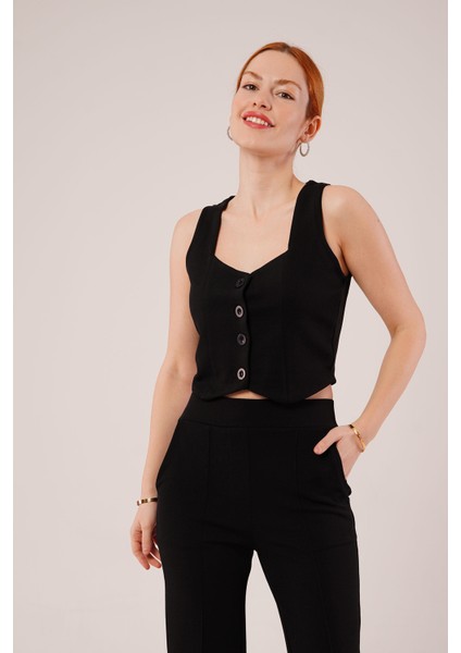Üçaymoda Kalın Askılı Düğmeli Yelek ve Pantolon Siyah Takım