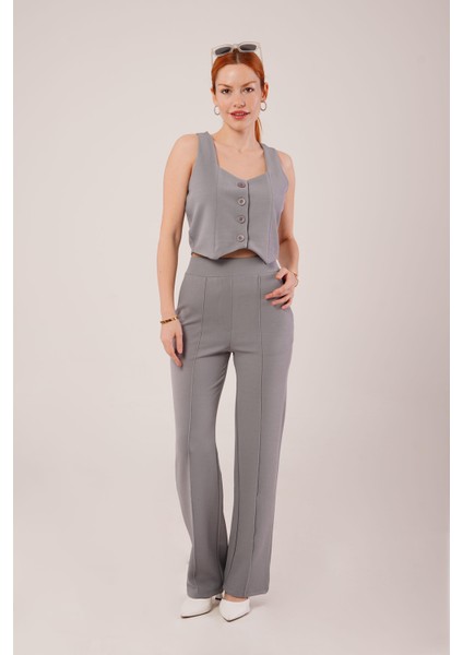 Üçaymoda Kalın Askılı Düğmeli Yelek ve Pantolon Gri Takım