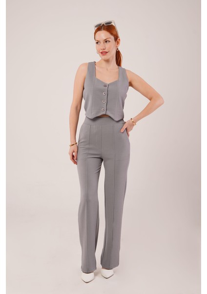 Üçaymoda Kalın Askılı Düğmeli Yelek ve Pantolon Gri Takım modelleri