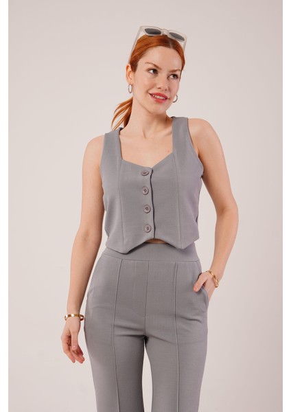 Üçaymoda Kalın Askılı Düğmeli Yelek ve Pantolon Gri Takım fırsatları