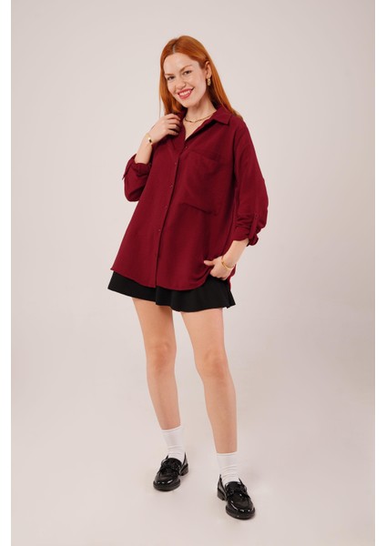 Üçaymoda Salaş Kesim Cepli Bordo Gömlek