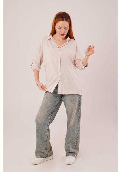 Üçaymoda Cep Detay Çizgili Oversize Krem Gömlek
