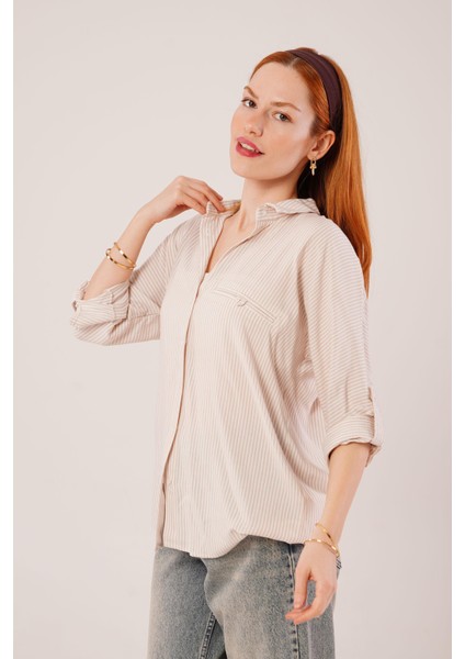 Üçaymoda Cep Detay Çizgili Oversize Krem Gömlek