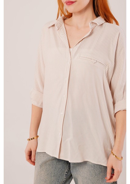 Üçaymoda Cep Detay Çizgili Oversize Krem Gömlek