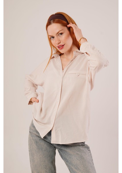 Üçaymoda Cep Detay Çizgili Oversize Krem Gömlek