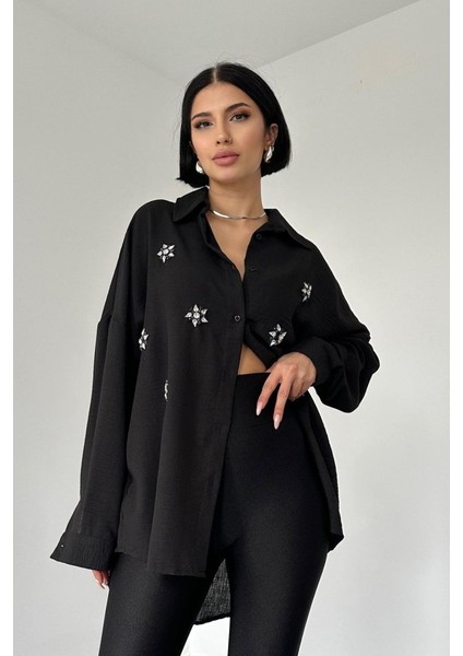 Üçaymoda Siyah Taş Işlemeli Gömlek