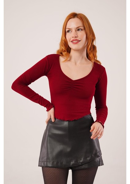 Üçaymoda Geniş Yaka Bordo Basic Body Bluz