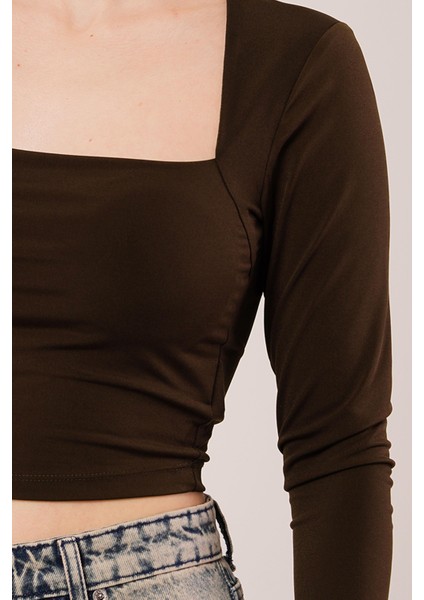 Üçaymoda Kare Yaka Basic Kahverengi Bluz modelleri