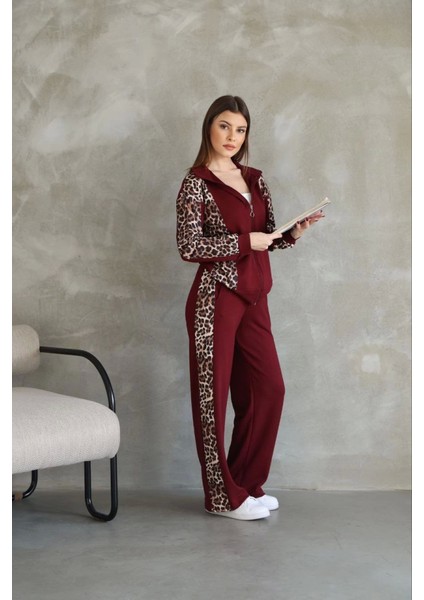 Üçaymoda Osy Modal Yumuşak Dokulu Kumaş Kapüşonlu Leopar Desenli Fermuarlı Takım - Bordo