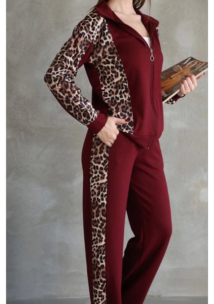 Üçaymoda Osy Modal Yumuşak Dokulu Kumaş Kapüşonlu Leopar Desenli Fermuarlı Takım - Bordo