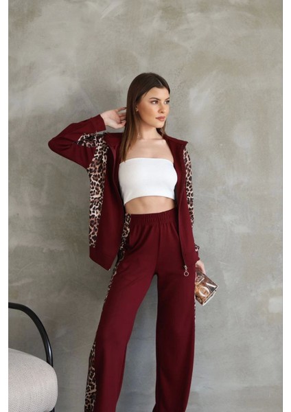 Üçaymoda Osy Modal Yumuşak Dokulu Kumaş Kapüşonlu Leopar Desenli Fermuarlı Takım - Bordo