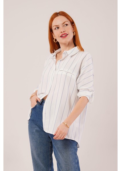 Üçaymoda Katlanabilir Kol ve Cep Detaylı Mavi Çizgili Gömlek