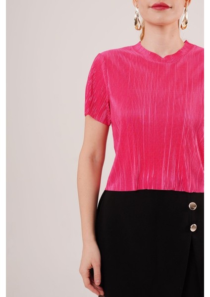 Üçaymoda Fitilli Kısa Kollu Parlak Fuşya Bluz modelleri