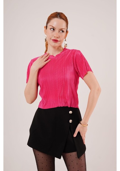 Üçaymoda Fitilli Kısa Kollu Parlak Fuşya Bluz fırsatları