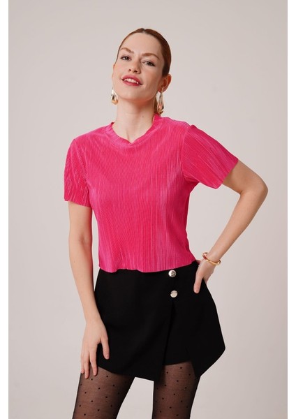 Üçaymoda Fitilli Kısa Kollu Parlak Fuşya Bluz indirimleri