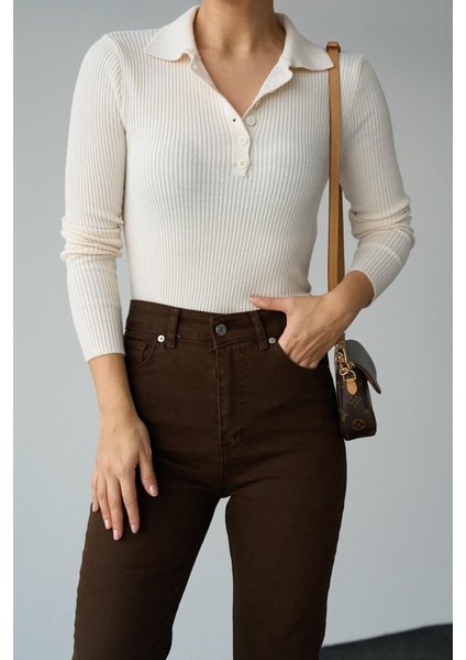 Üçaymoda Polo Yaka 6 Düğmeli Kazak - Krem fiyatları