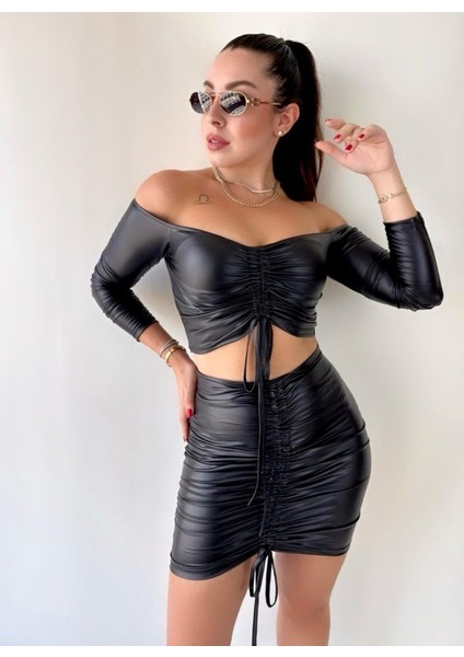 Üçaymoda Kadın Büzgülü Deri Etek Takım Fırsat Ürün