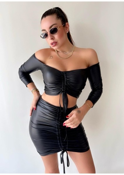 Üçaymoda Kadın Büzgülü Deri Etek Takım Fırsat Ürün